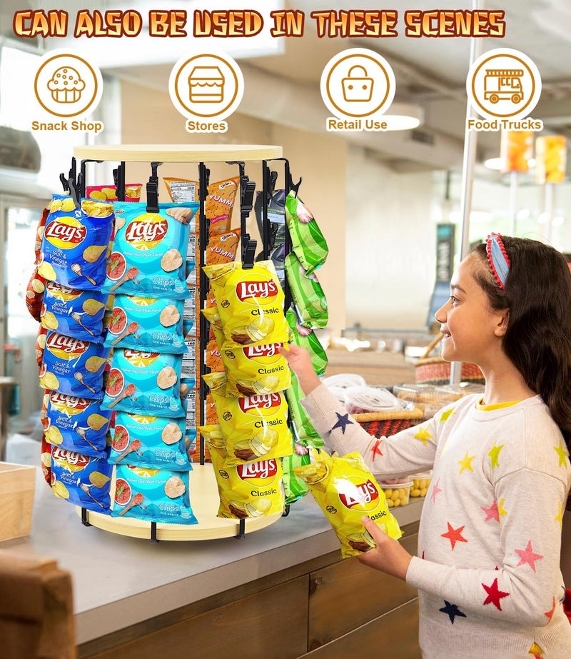 ROSROSE Chip Rack Display Stand, 5 Tier 40 Clips Snack Organizer with Rotating Wooden Base, Chip Holder Stand Candy Display for Countertop, Concession Stand, Party, Retail, Office Snack Display Rack - Image 4